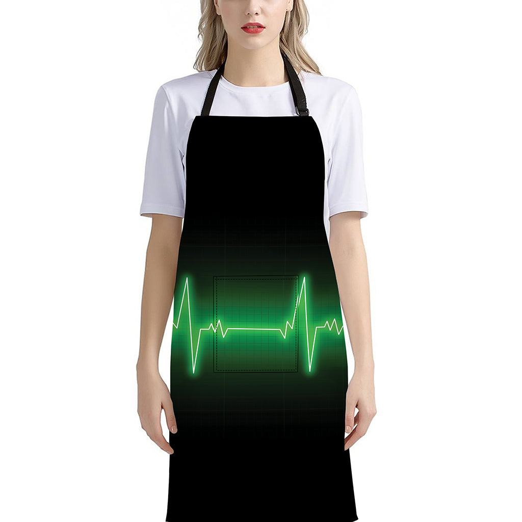 Green Heartbeat Print Bib Apron With Pocket