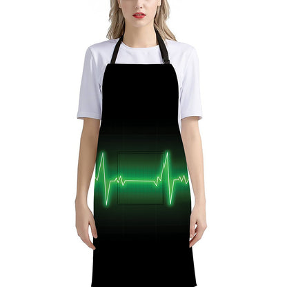 Green Heartbeat Print Bib Apron With Pocket