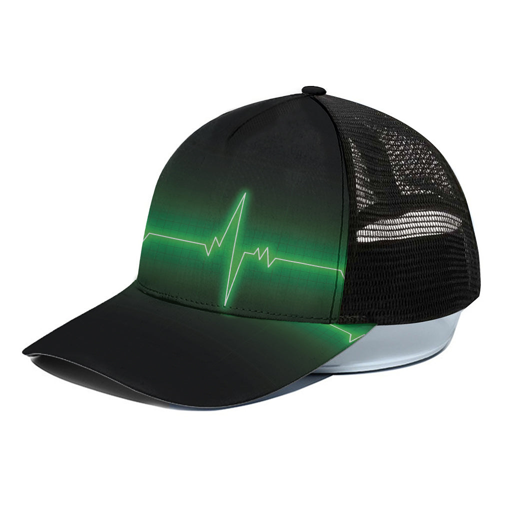 Green Heartbeat Print Black Mesh Trucker Cap