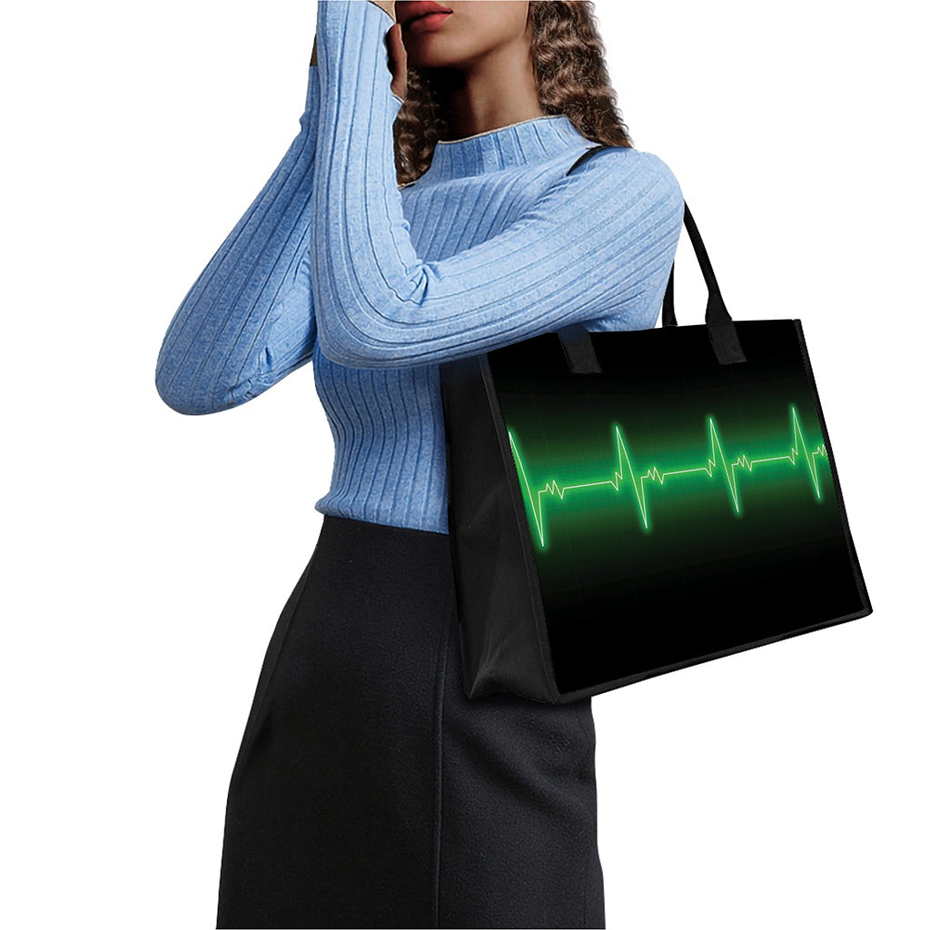 Green Heartbeat Print Canvas Tote Bag