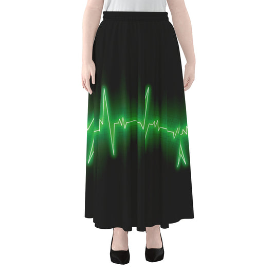 Green Heartbeat Print Chiffon Maxi Skirt