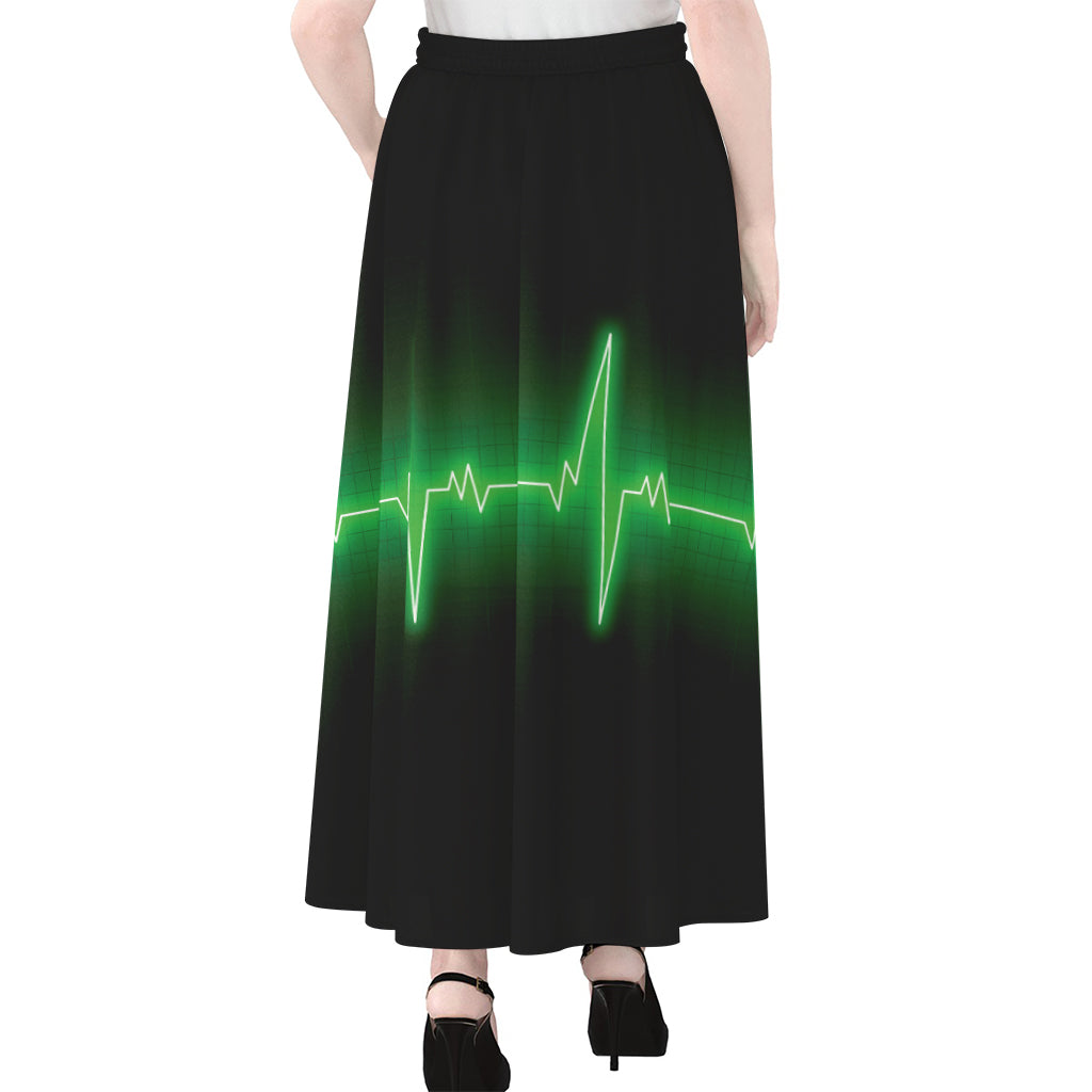 Green Heartbeat Print Chiffon Maxi Skirt