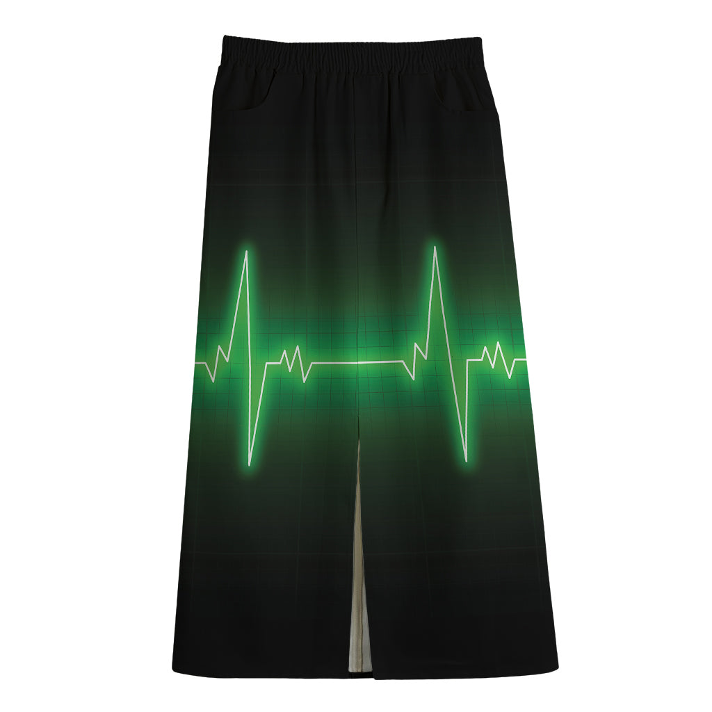 Green Heartbeat Print Cotton Front Slit Maxi Skirt