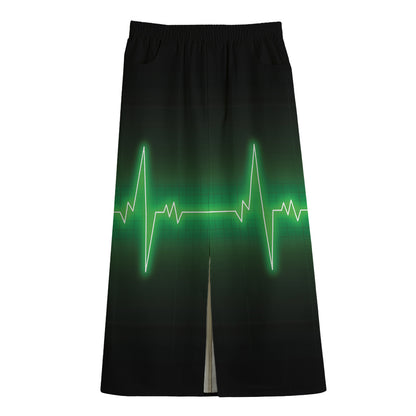 Green Heartbeat Print Cotton Front Slit Maxi Skirt