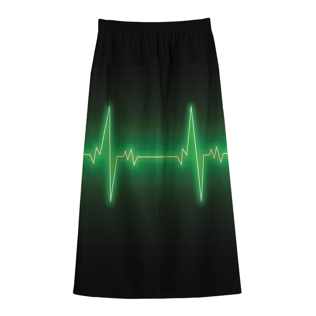 Green Heartbeat Print Cotton Front Slit Maxi Skirt