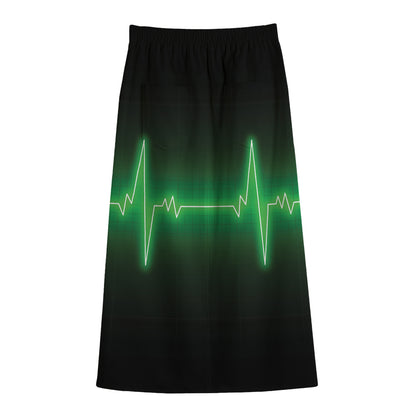 Green Heartbeat Print Cotton Front Slit Maxi Skirt