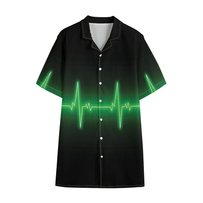 Green Heartbeat Print Cotton Hawaiian Shirt