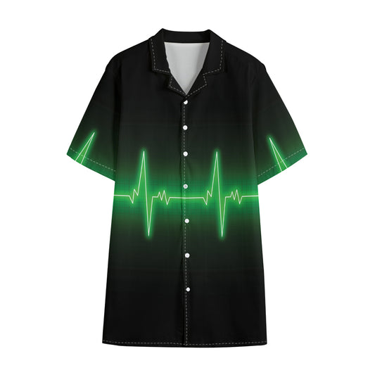Green Heartbeat Print Cotton Hawaiian Shirt