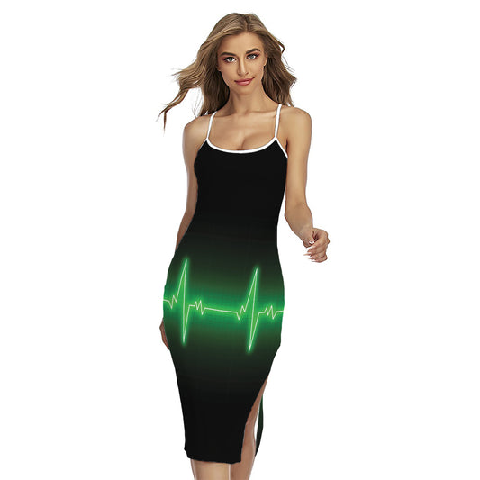 Green Heartbeat Print Cross Back Cami Dress