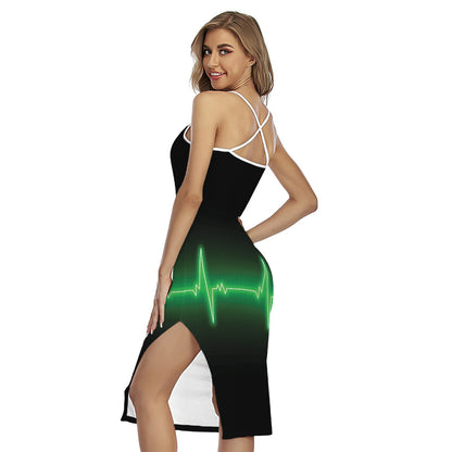 Green Heartbeat Print Cross Back Cami Dress