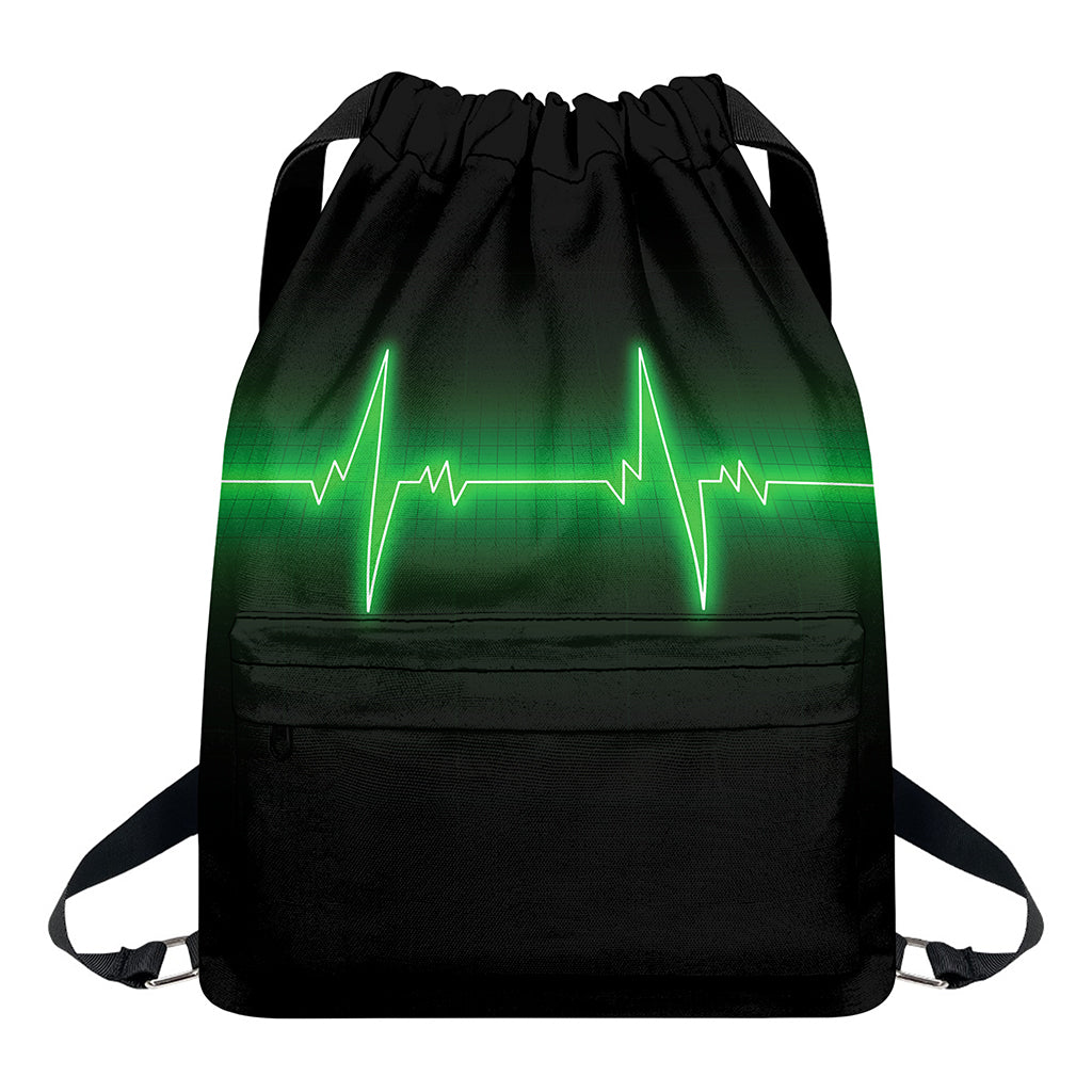 Green Heartbeat Print Drawstring Backpack
