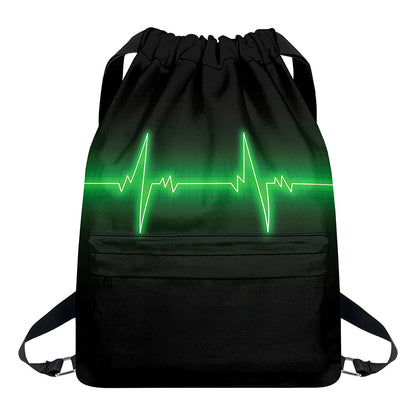 Green Heartbeat Print Drawstring Backpack