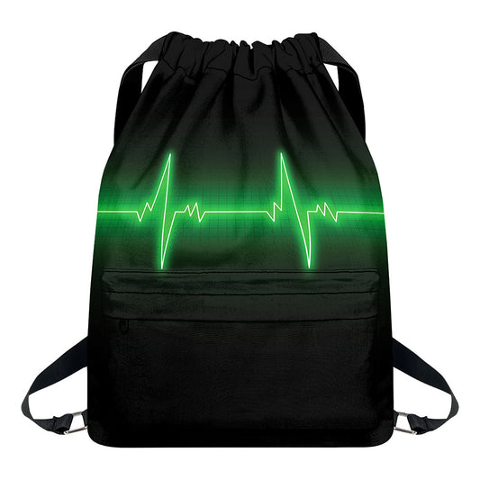 Green Heartbeat Print Drawstring Backpack