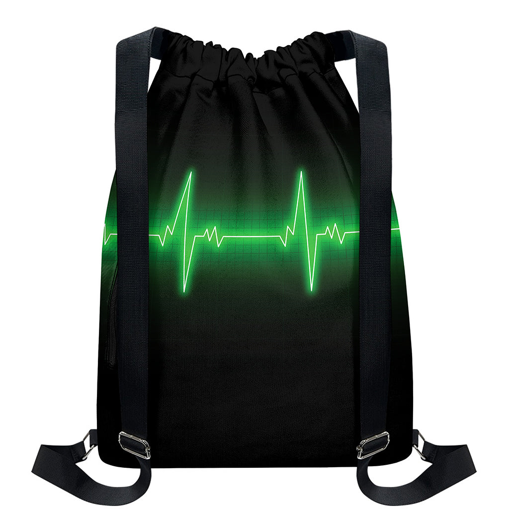 Green Heartbeat Print Drawstring Backpack