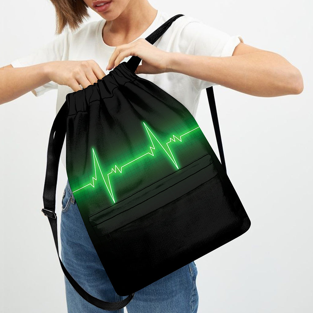 Green Heartbeat Print Drawstring Backpack