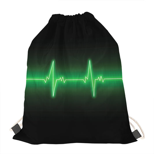 Green Heartbeat Print Drawstring Bag