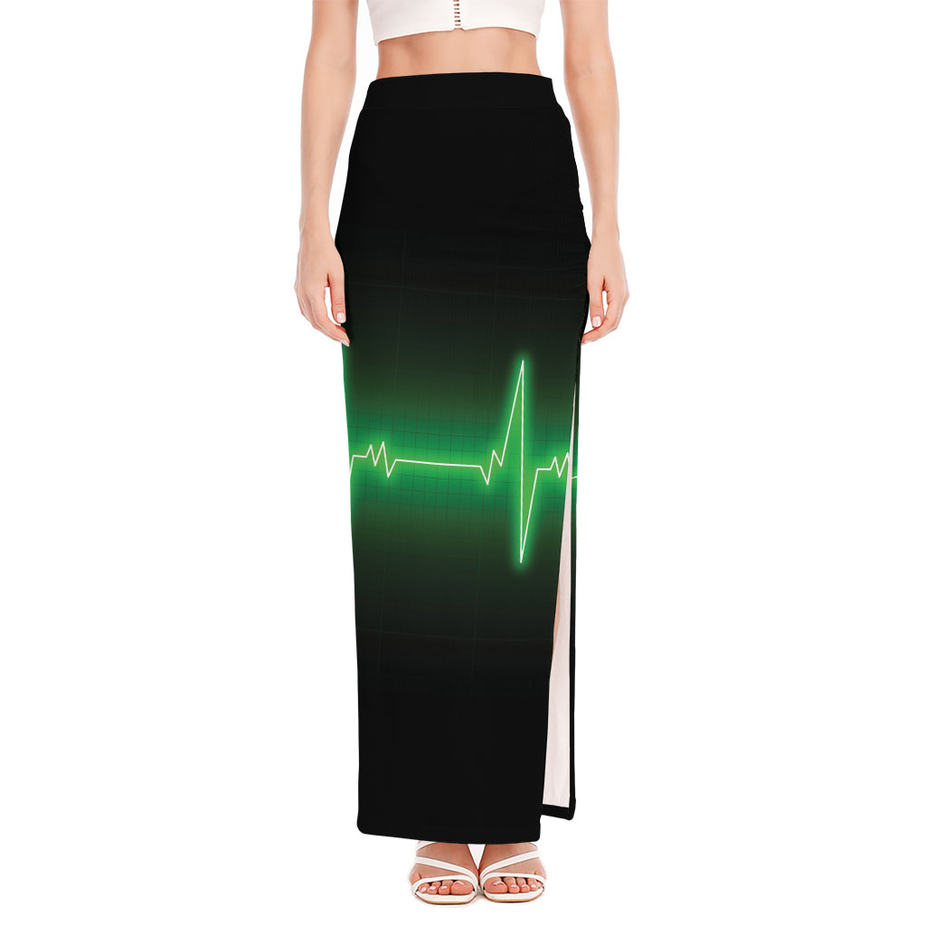 Green Heartbeat Print High Slit Maxi Skirt