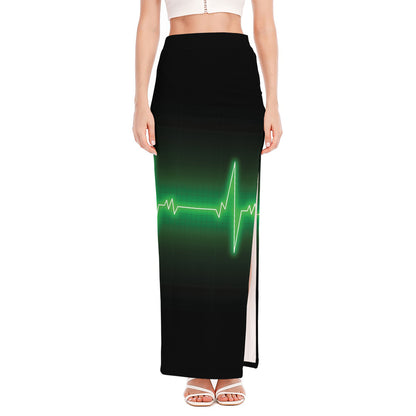 Green Heartbeat Print High Slit Maxi Skirt