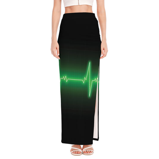 Green Heartbeat Print High Slit Maxi Skirt
