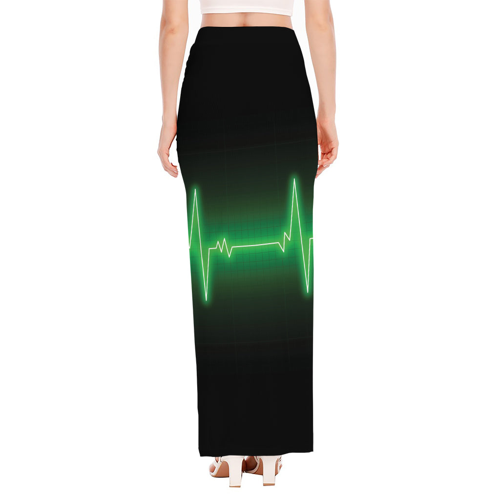 Green Heartbeat Print High Slit Maxi Skirt