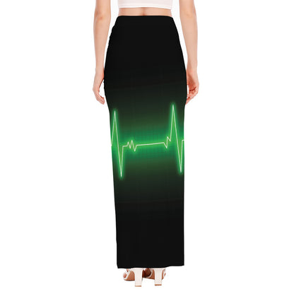Green Heartbeat Print High Slit Maxi Skirt