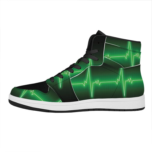 Green Heartbeat Print High Top Leather Sneakers