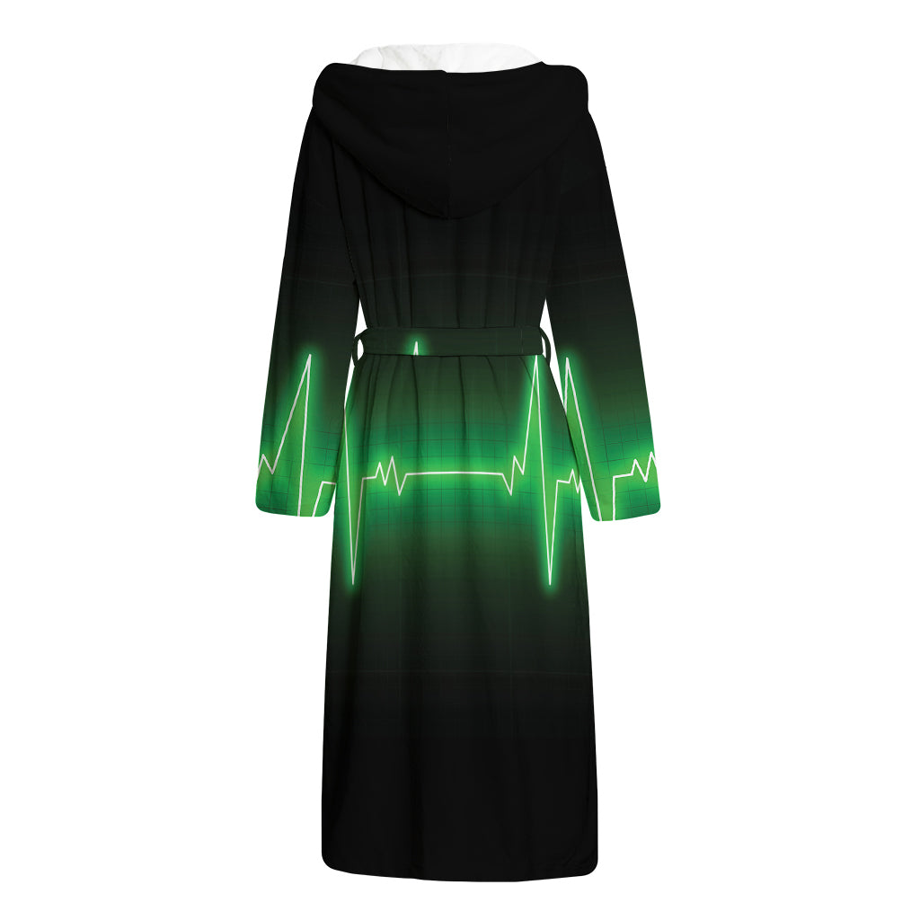 Green Heartbeat Print Hooded Bathrobe