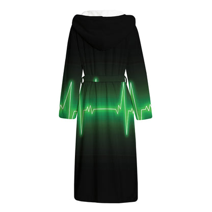 Green Heartbeat Print Hooded Bathrobe