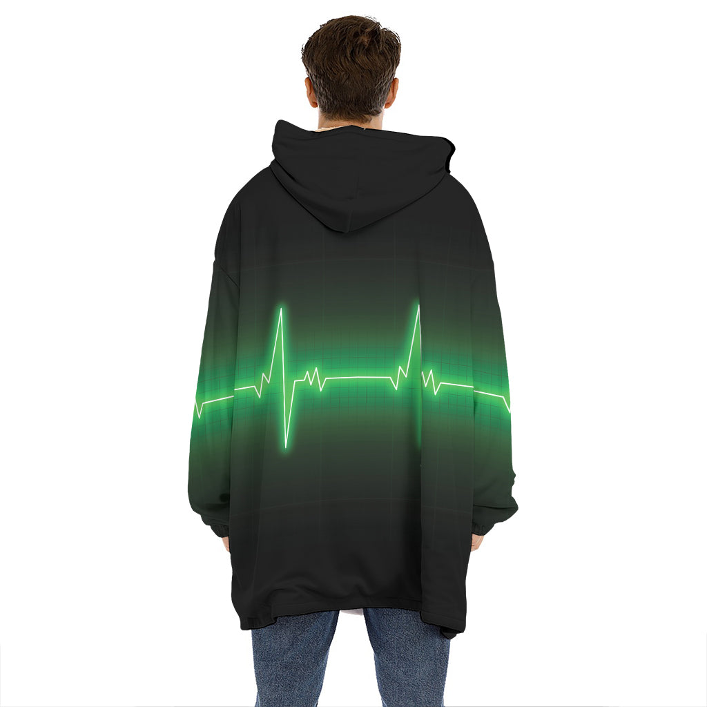 Green Heartbeat Print Hoodie Blanket
