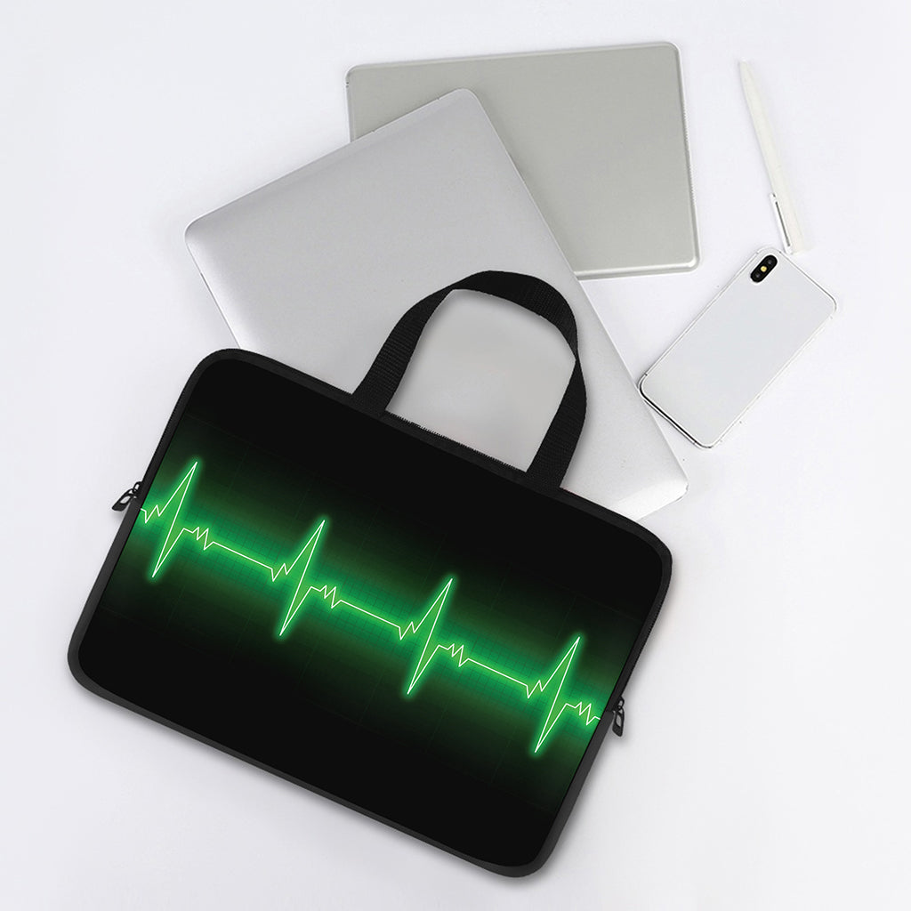 Green Heartbeat Print Laptop Sleeve With Handle