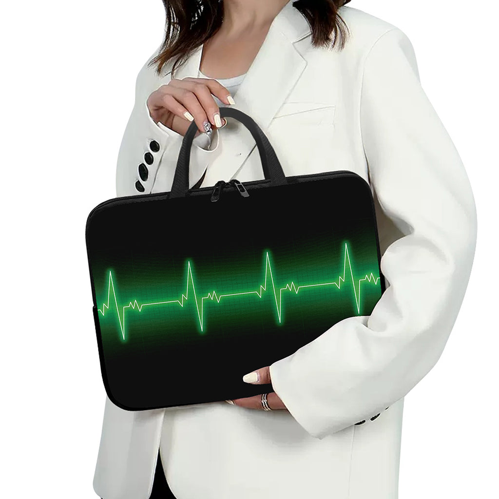 Green Heartbeat Print Laptop Sleeve With Handle