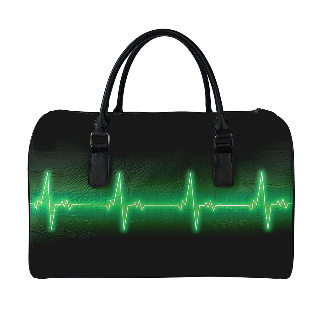 Green Heartbeat Print Leather Duffle Bag