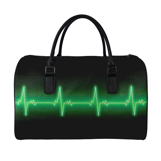 Green Heartbeat Print Leather Duffle Bag