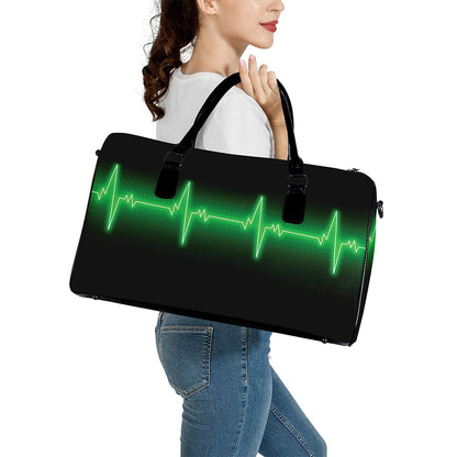 Green Heartbeat Print Leather Duffle Bag