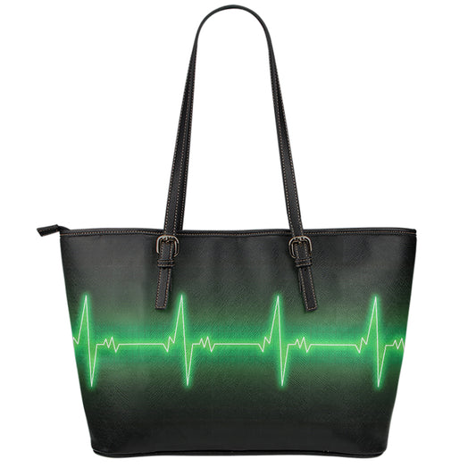 Green Heartbeat Print Leather Tote Bag