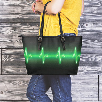 Green Heartbeat Print Leather Tote Bag