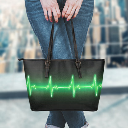 Green Heartbeat Print Leather Tote Bag