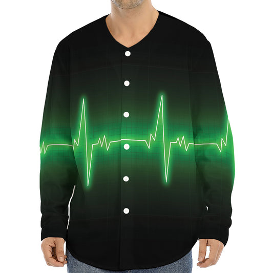 Green Heartbeat Print Long Sleeve Baseball Jersey