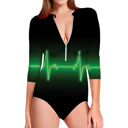 Green Heartbeat Print Long Sleeve Swimsuit