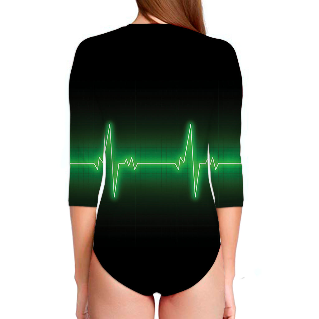 Green Heartbeat Print Long Sleeve Swimsuit