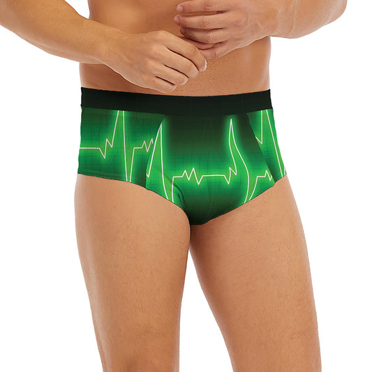 Green Heartbeat Print Men's Briefs