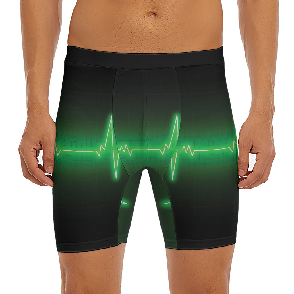 Green Heartbeat Print Men's Long Boxer Briefs