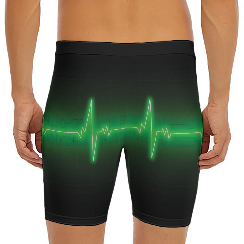 Green Heartbeat Print Men's Long Boxer Briefs