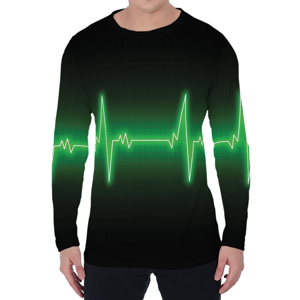 Green Heartbeat Print Men's Long Sleeve T-Shirt