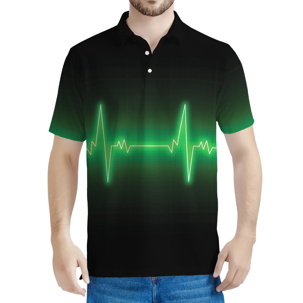 Green Heartbeat Print Men's Polo Shirt