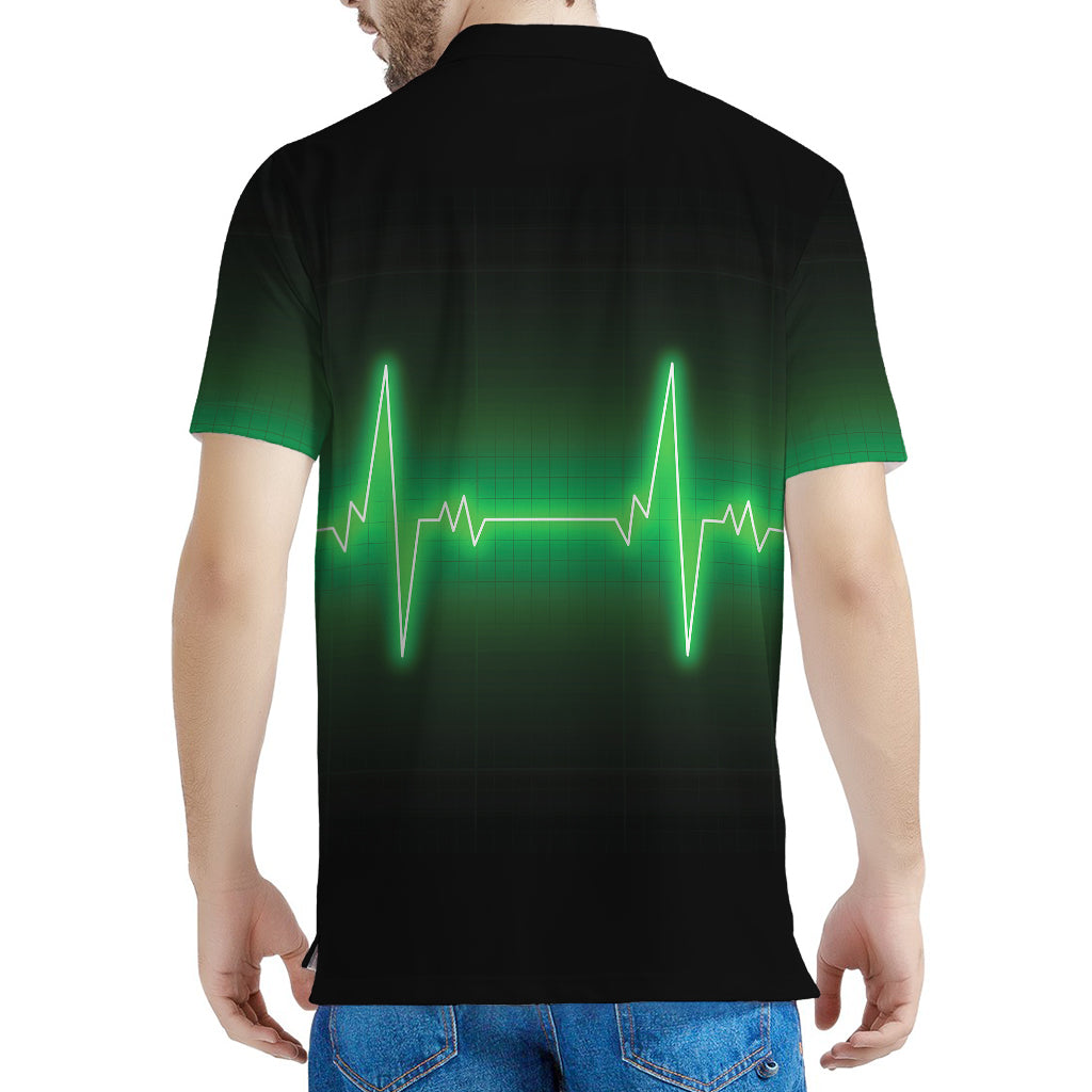 Green Heartbeat Print Men's Polo Shirt