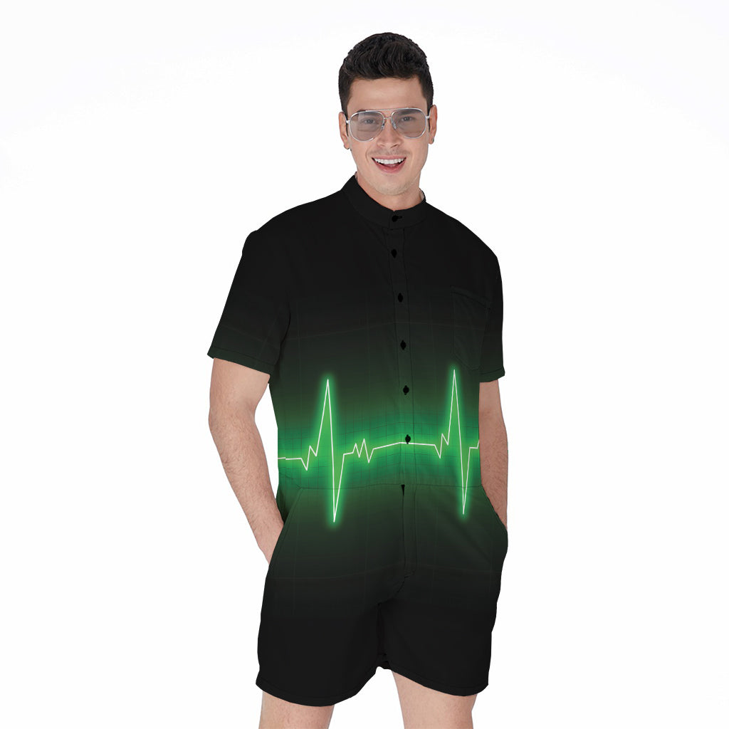 Green Heartbeat Print Men's Rompers