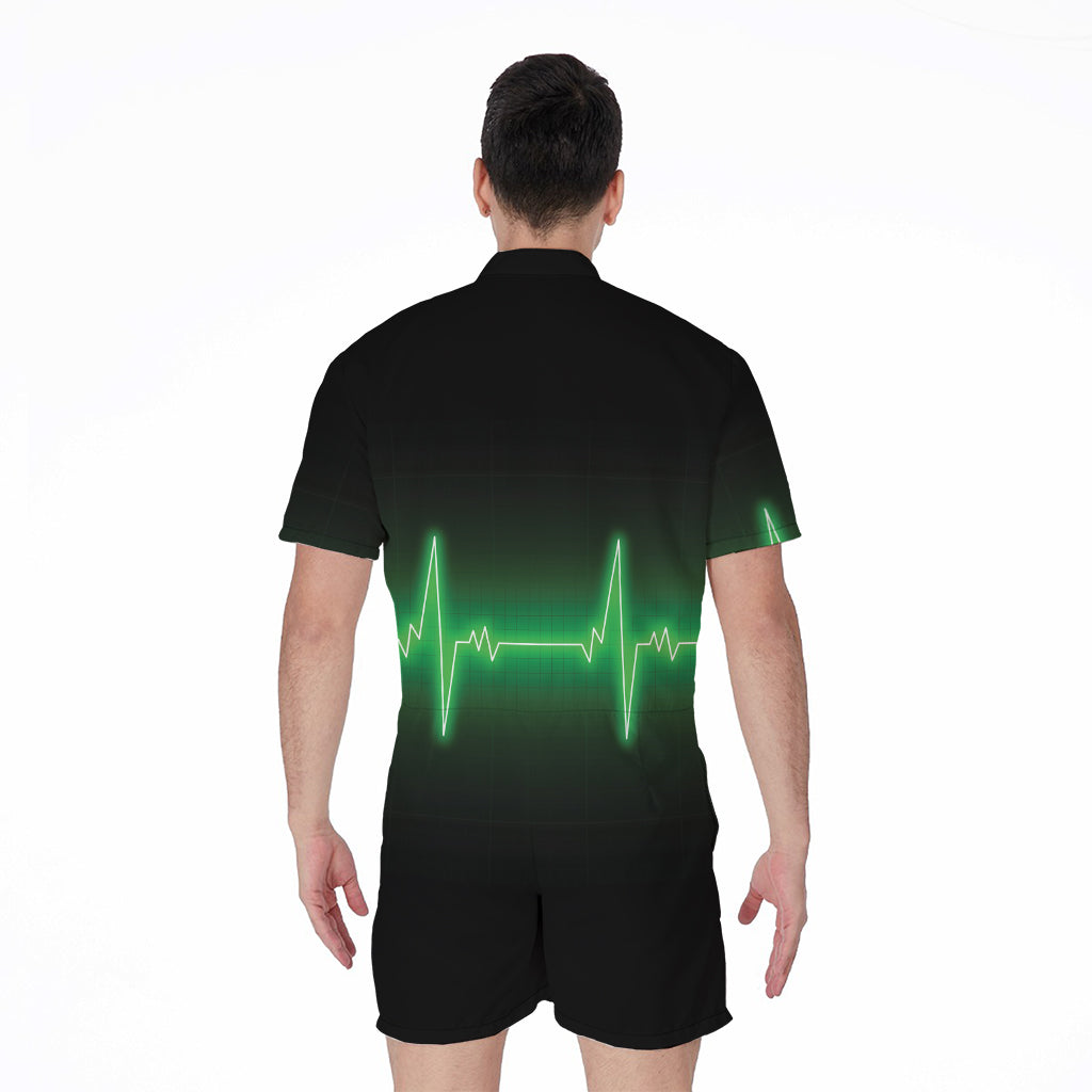 Green Heartbeat Print Men's Rompers