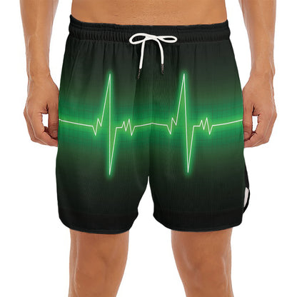 Green Heartbeat Print Men's Split Running Shorts