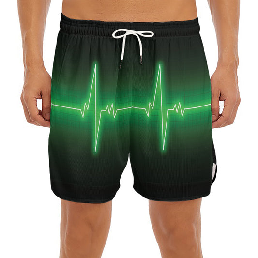Green Heartbeat Print Men's Split Running Shorts